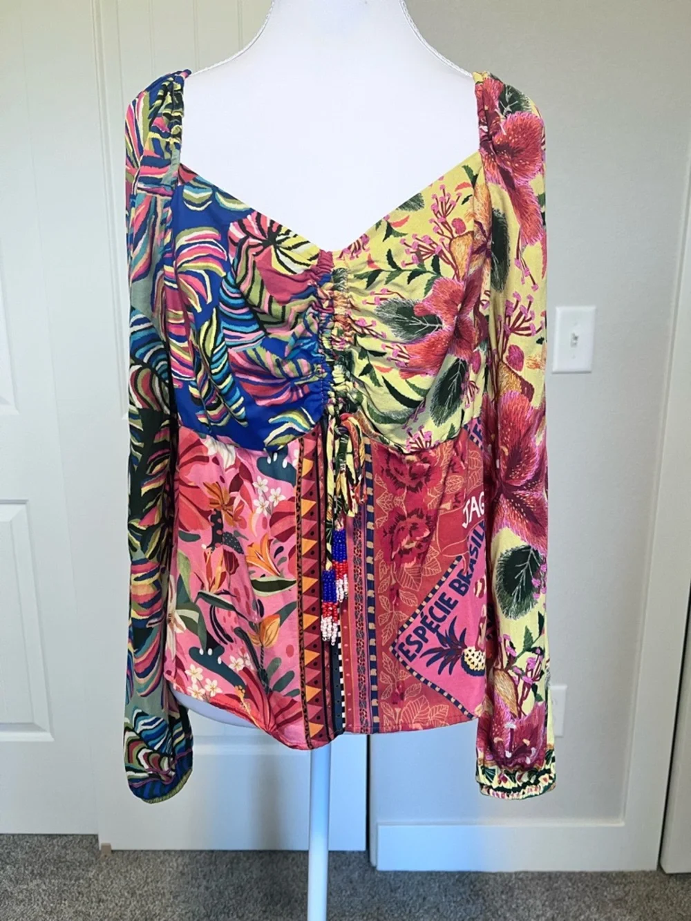 Farm Rio Printed Puff-Sleeved Blouse Beaded Tassels Back Zipper Sz Medium